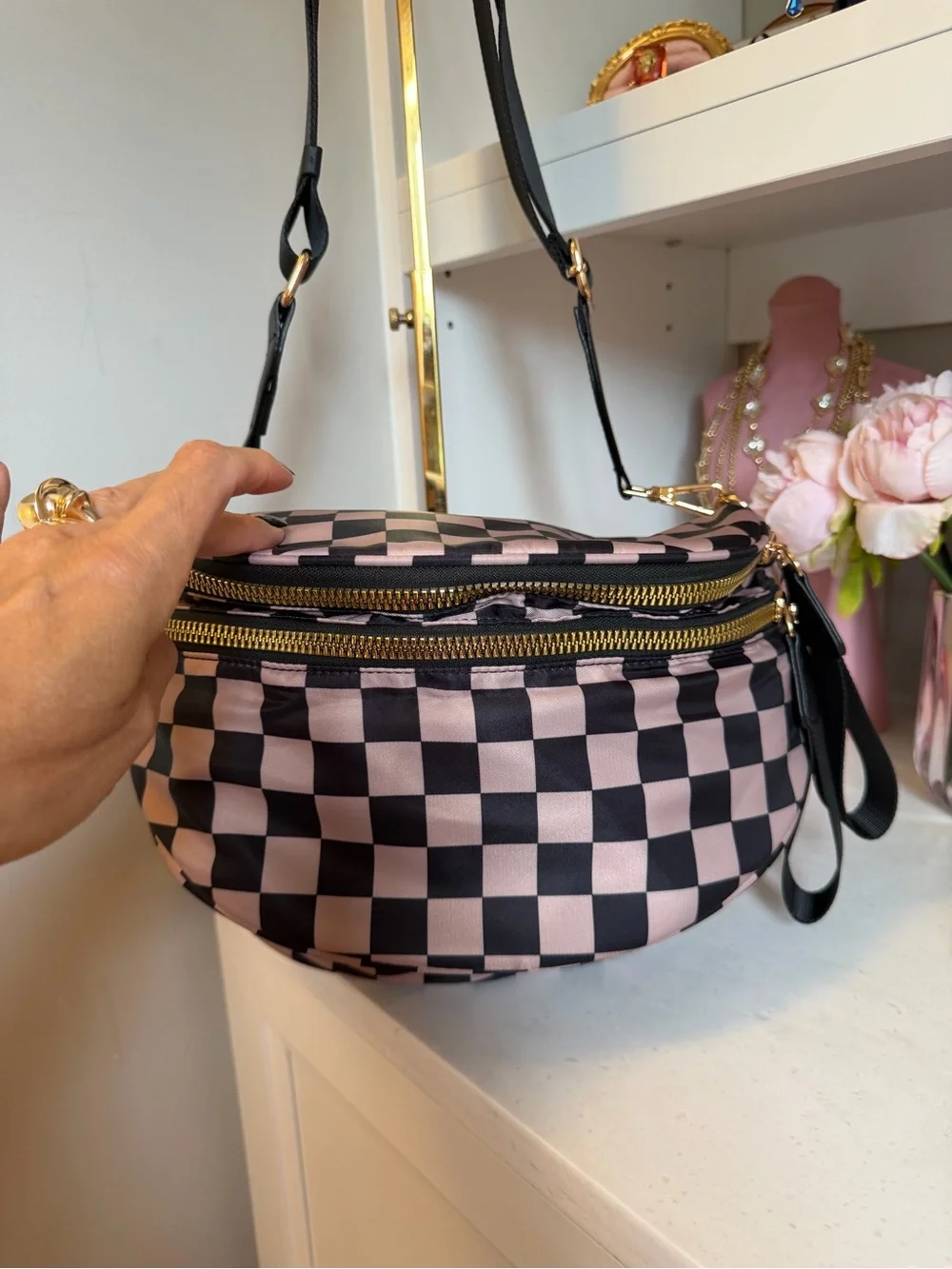 Black and Tan NWOT Checker Crossbody Bag Double Zip with Gold Hardware